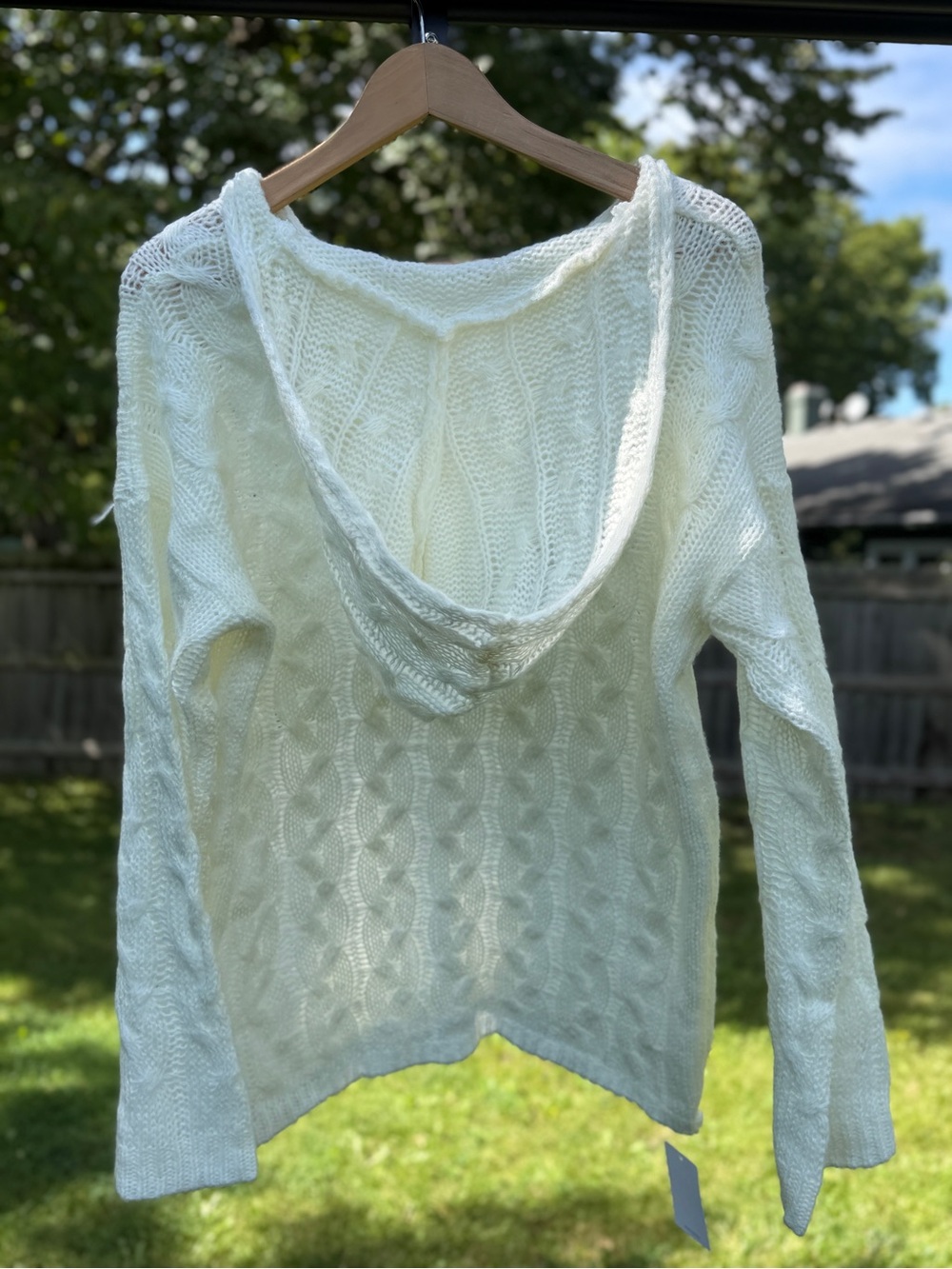 Cream White Open Cable Knit Hooded Sweater Women XXL V-Neck Slouchy Pullover - Picture 3 of 12